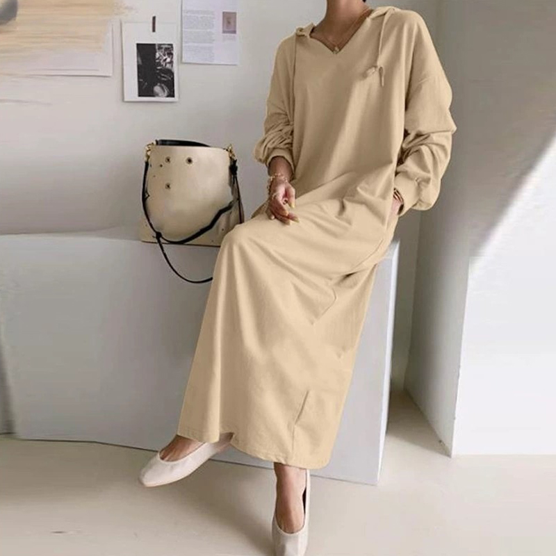 Fashion Solid Color Long Sleeve Hooded Pockets Loose Long Dress 