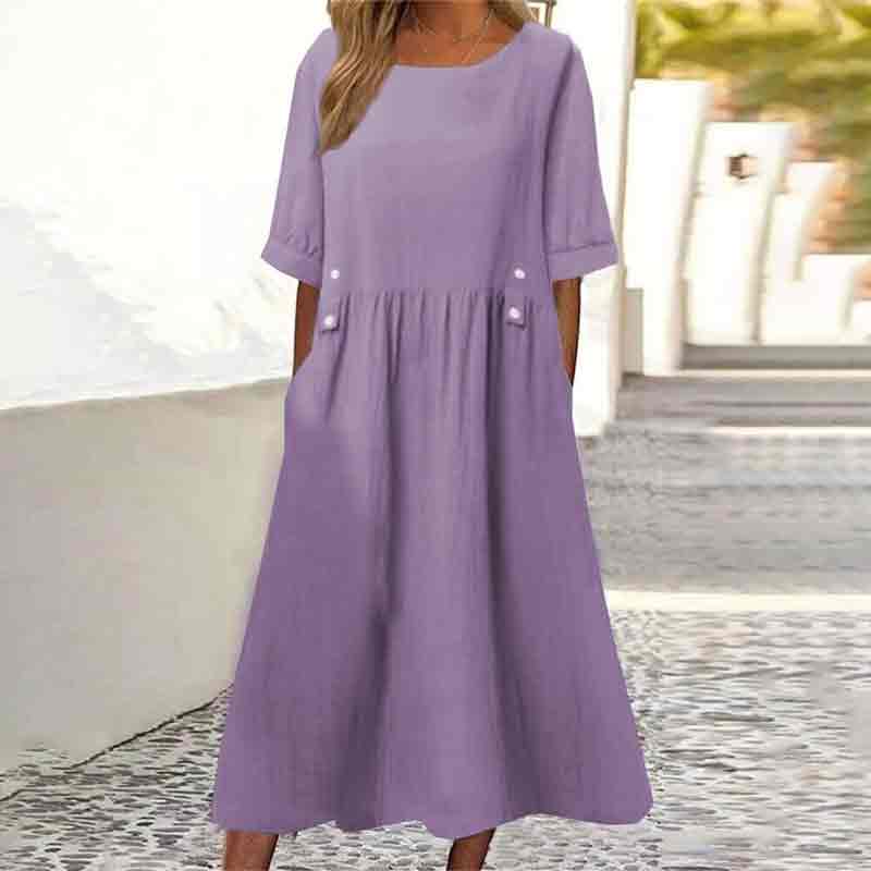 Solid Color Short Sleeve Round Neck Pockets Dress