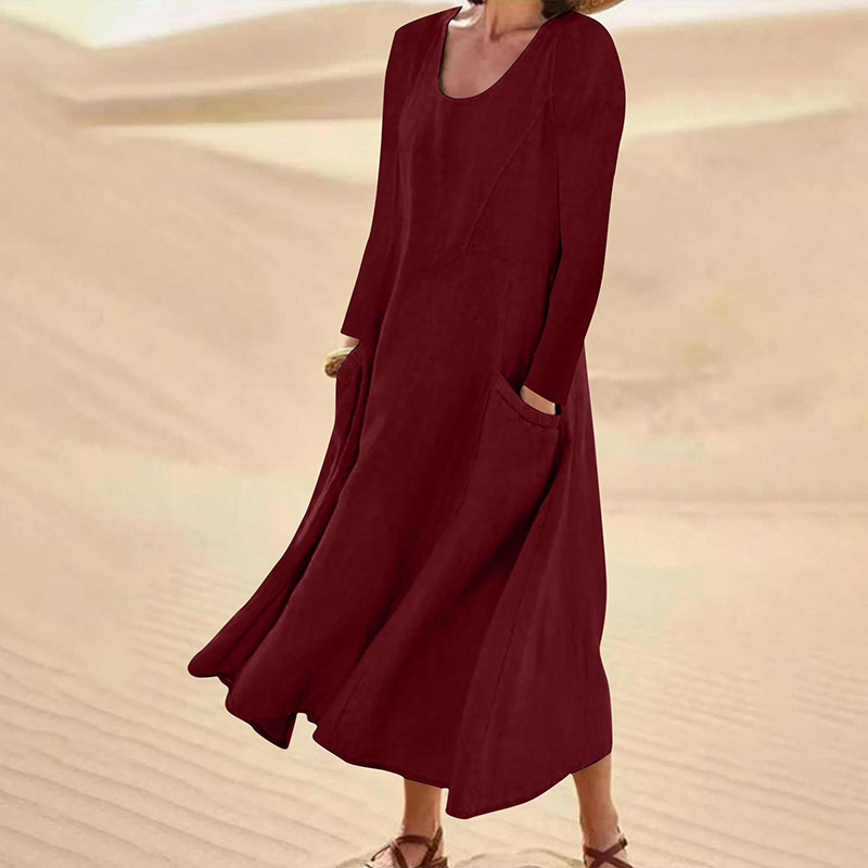 Elegant Long Sleeve Solid Color A-line Pockets Maxi Beach Dress
