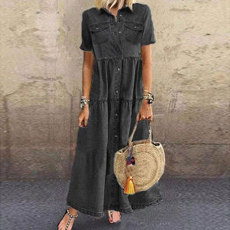 Elegant Lapel Single-breasted Pockets Denim Maxi Dress