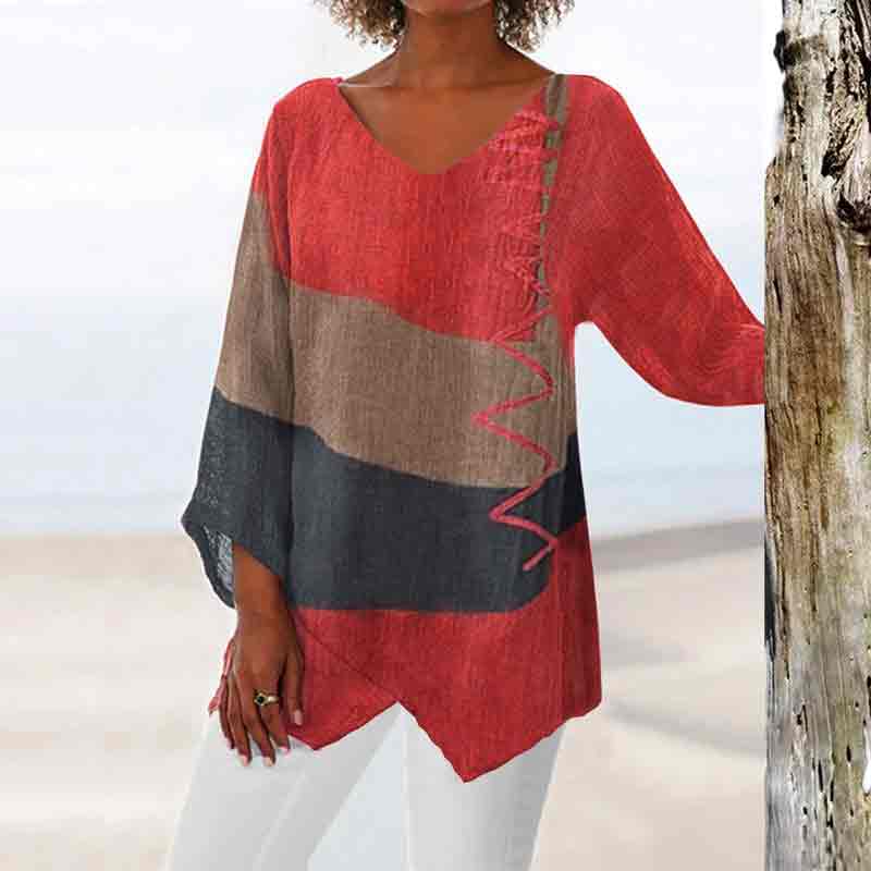 Casual Loose V Neck Irregular Hem Color Blocking Printed Blouse