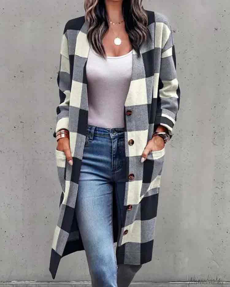 Plaid Button Pockets Wool Single Breasted Cardigan Coat