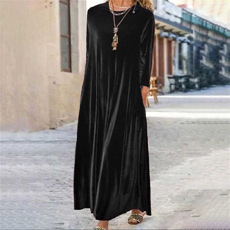Elegant Solid Color Velvet Round Neck PocketsStretchy Maxi Dress