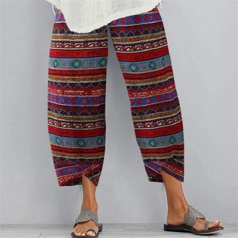 Fashion Multicolor Printed Loose Elastic Waist Pockets Pants