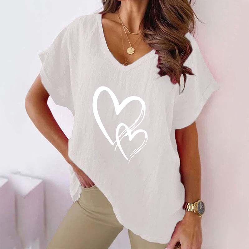 Heart Printed V-neck Casual Loose Short Sleeve T-shirt