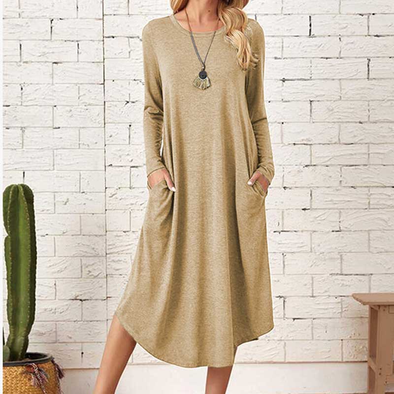 Solid Color Casual Cotton Long Sleeve Curved Hem Loose Pockets Dress
