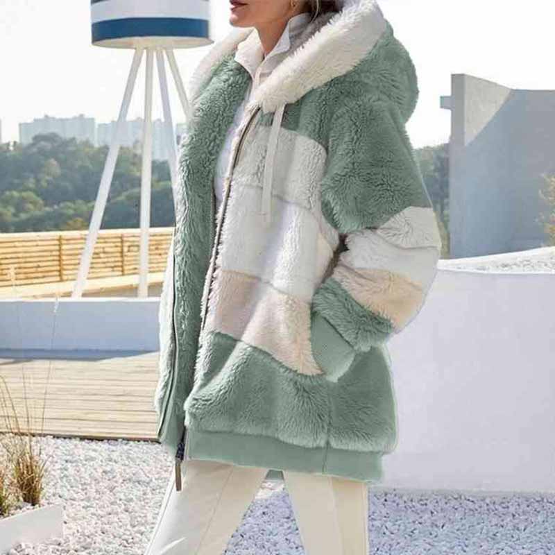 Warm Plush Color Blocking Zipper Hooded Autumn Winter Pockets Coat