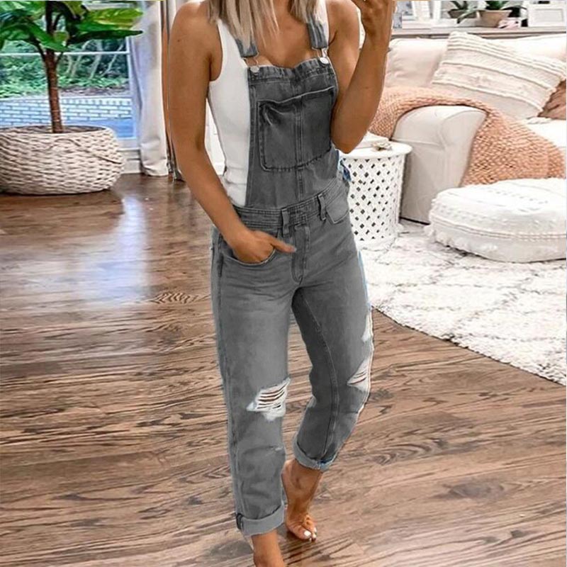 Trendy Straps Pockets Denim Jumpsuit Casual Loose Sports Jumpsuit