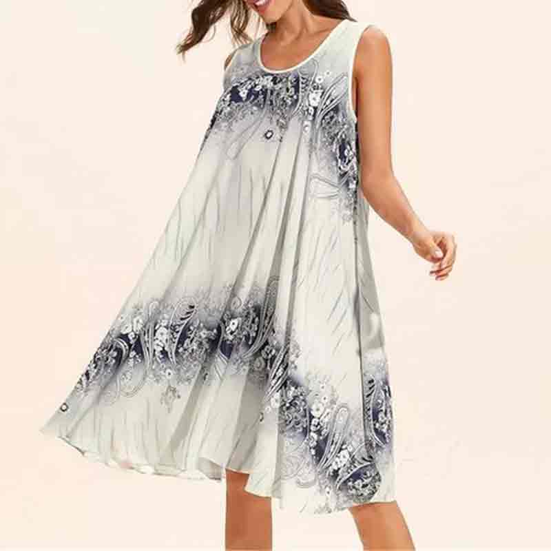 Floral Printed Gradient Color Sleeveless Loose A-line Dress