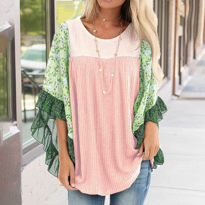 Fashion Printed Ruffle Sleeve Tunic Blouse Color Block Waffle Shirt