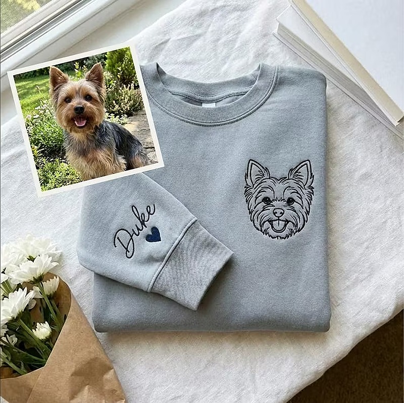 Custom Outline Drawing Embroidered Sweatshirt Furry Baby Memories