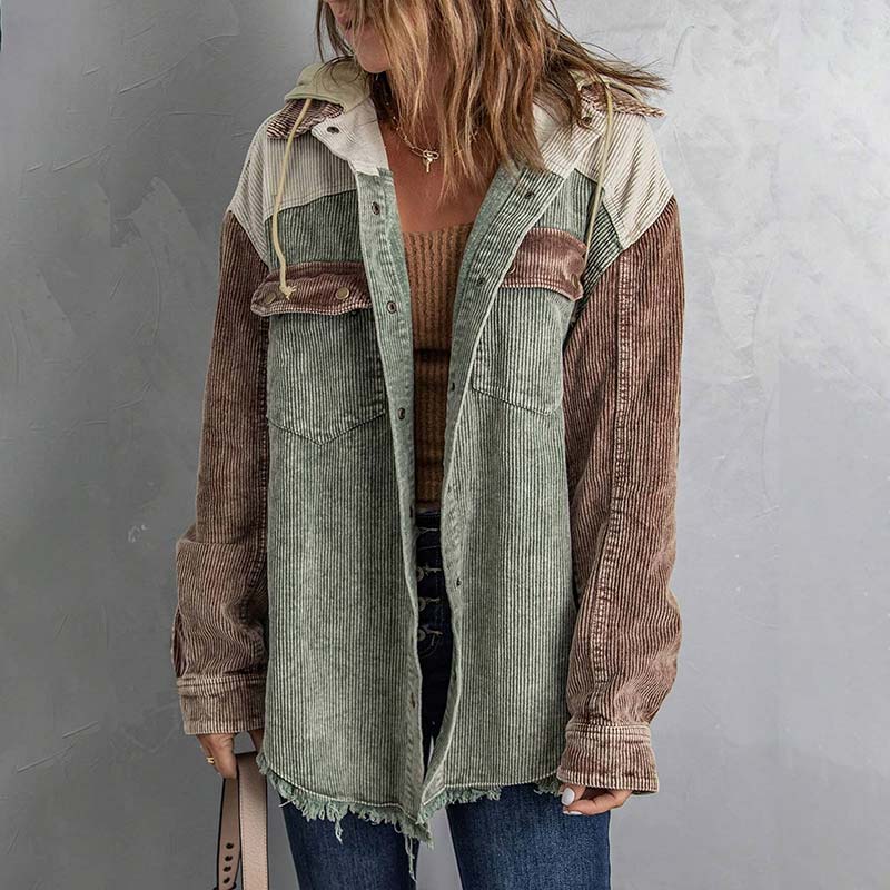 Contrast Color Patchwork Single-Breasted Corduroy Hooded Jacket Coat