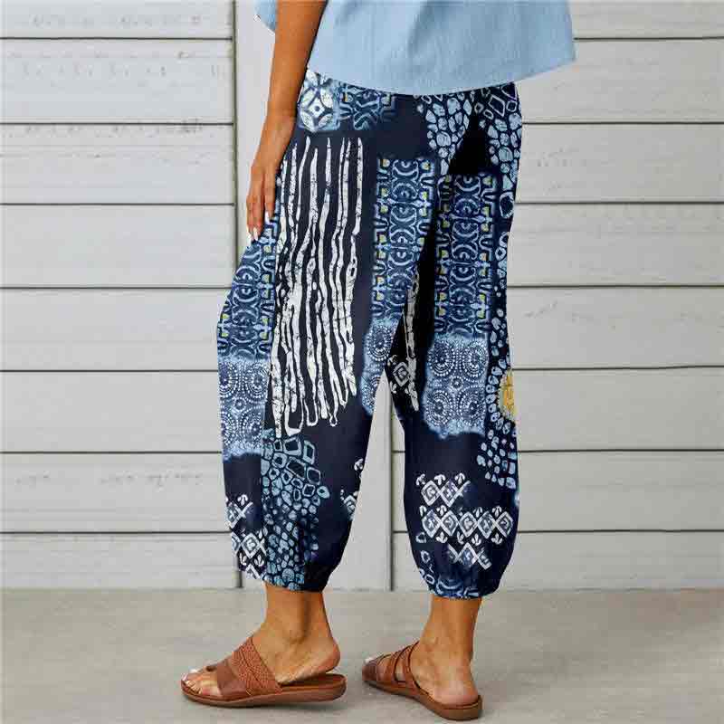 Retro Printed Elastic Waist Drawstring Button Decorated Cropped Trousers