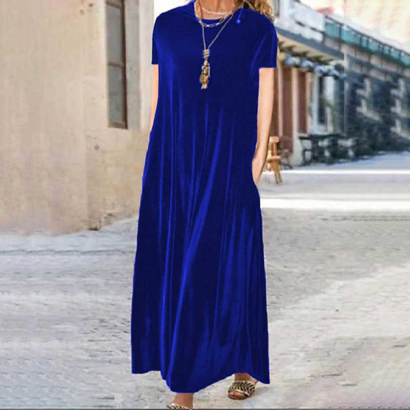 Elegant Solid Color Velvet Short Sleeve Pockets Stretchy Maxi Dress
