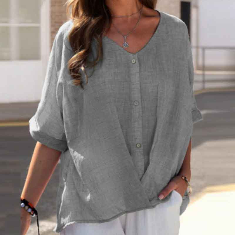 Button V Neck Half Sleeve Casual Loose T-shirt