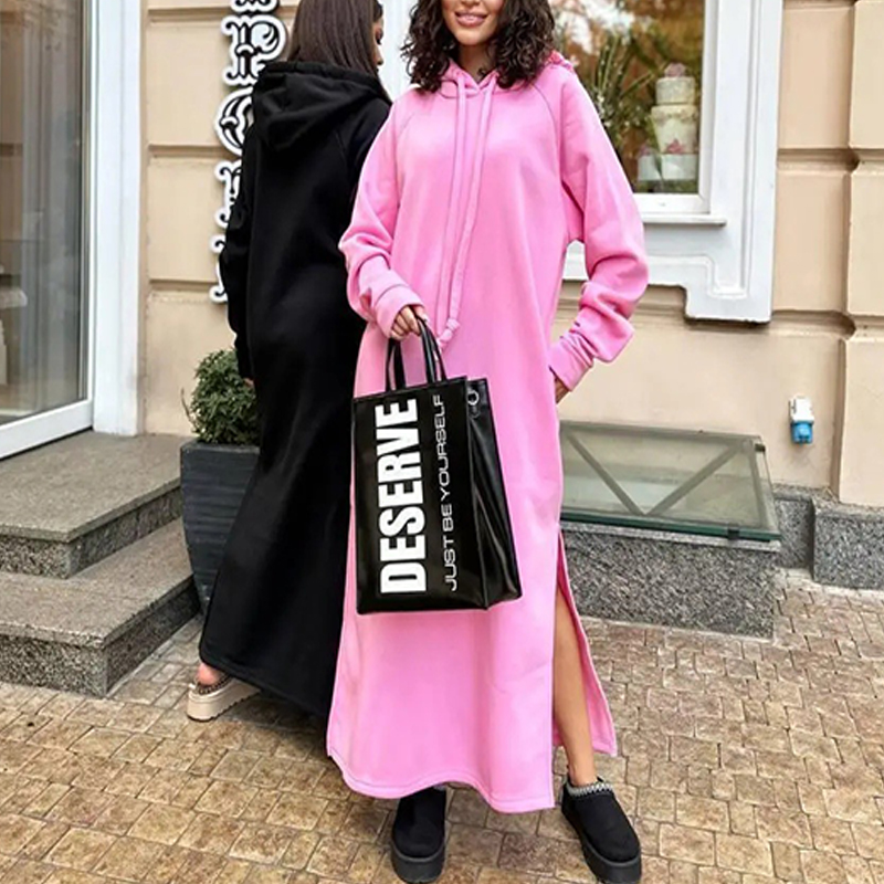 Trendy Hooded Fleece Thickened Autumn Winter Pockets Sweatshirt Dress