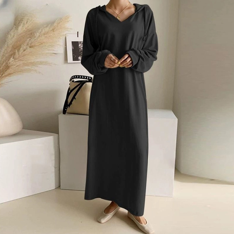 Fashion Solid Color Long Sleeve Hooded Pockets Loose Long Dress 