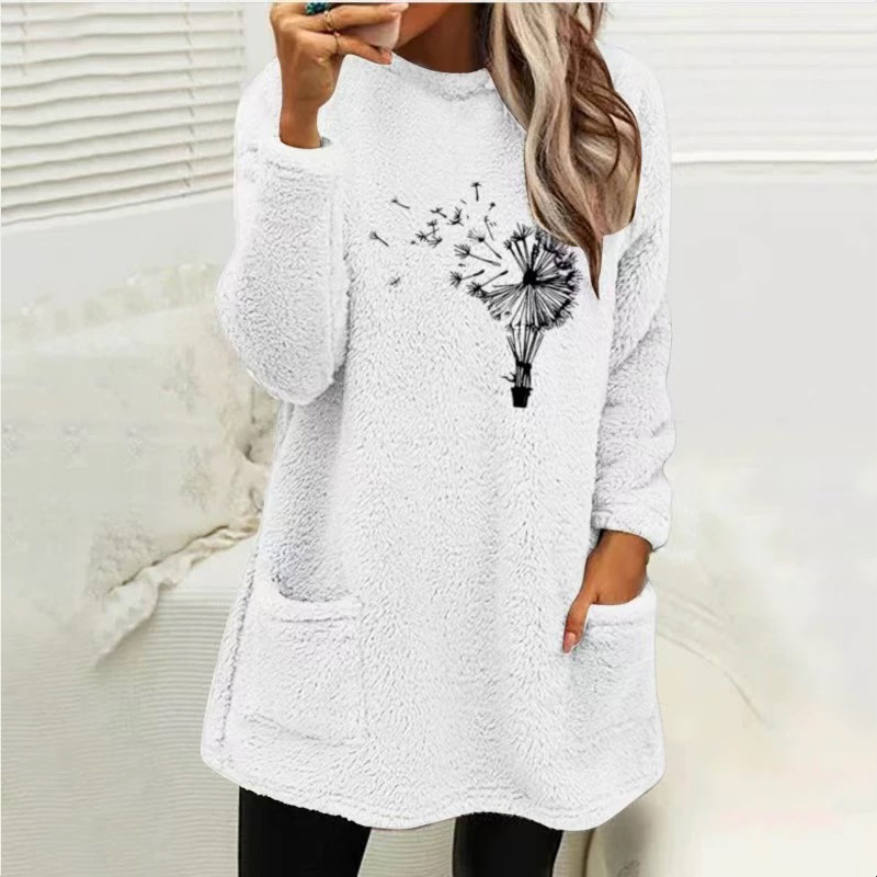 Fashion Dandelion  Printed Plush Warm Autumn Winter Pockets Long Sweatshirt