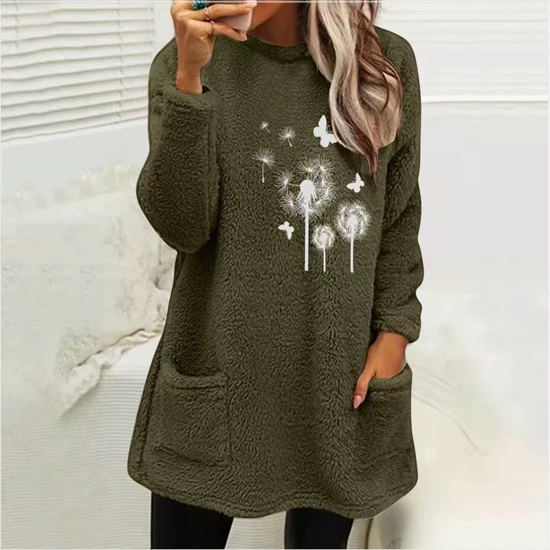 Dandelion Printed Plush Warm Autumn Winter Pockets Long Sweatshirt