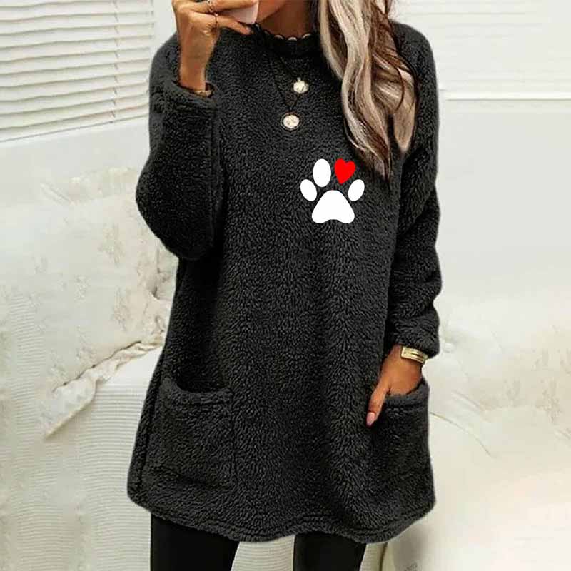 Paw Prints Plush Warm Autumn Winter Pockets Long Sweatshirt