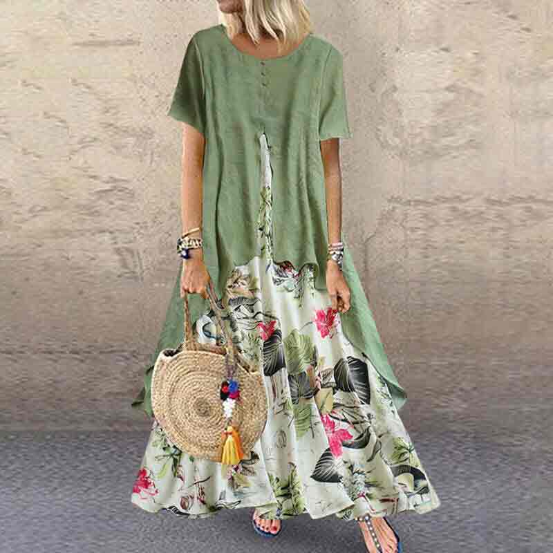 Flower Printed Button Round Neck Short Sleeve A-line Dress
