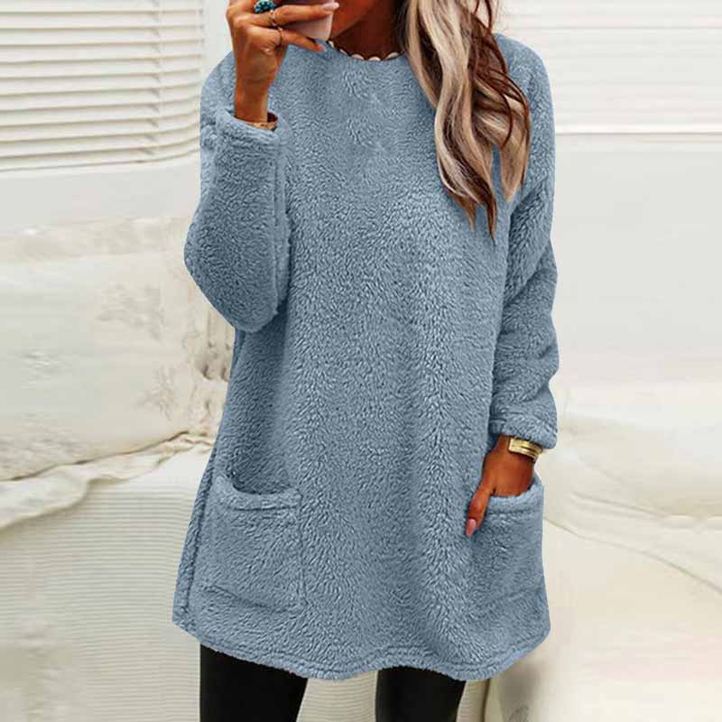 Casual Solid Color Plush Warm Autumn Winter Pockets Long Sweatshirt