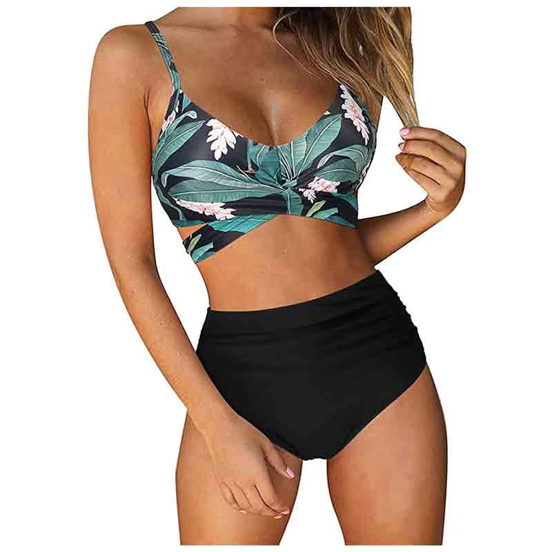 V-neck Crossover Printed Two Piece Bikini Swimsuit