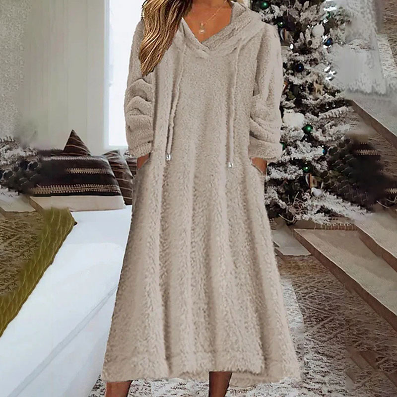 Warm plush hooded long sleeve pockets dress casual loose homewear