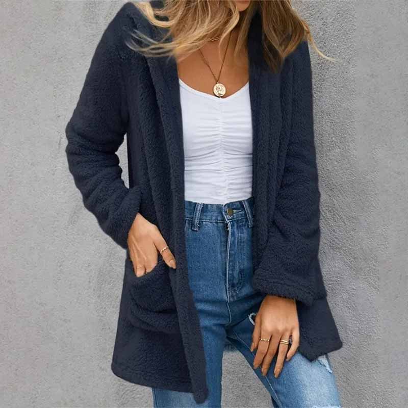 Solid Color Plush Pockets Autumn Winter Cardigan Coat