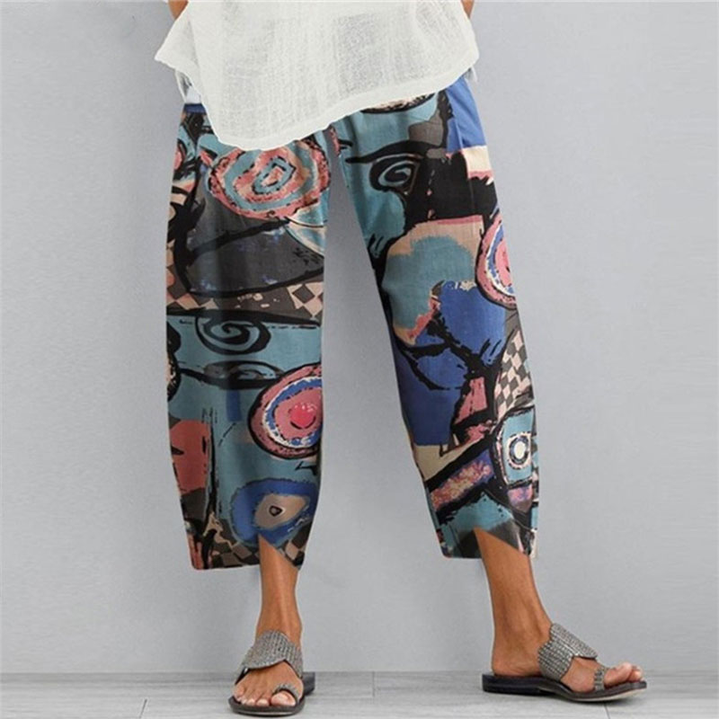 Fashion Multicolor Printed Loose Elastic Waist Pockets Pants