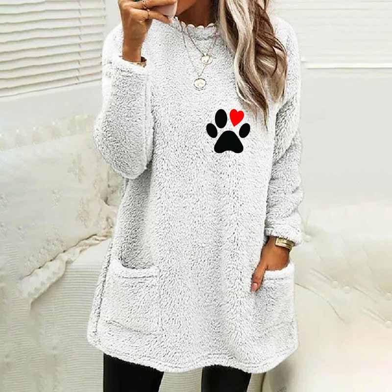 Paw Prints Plush Warm Autumn Winter Pockets Long Sweatshirt