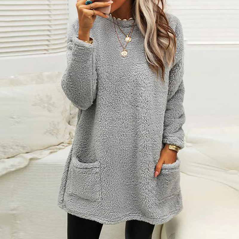 Casual Solid Color Plush Warm Autumn Winter Pockets Long Sweatshirt