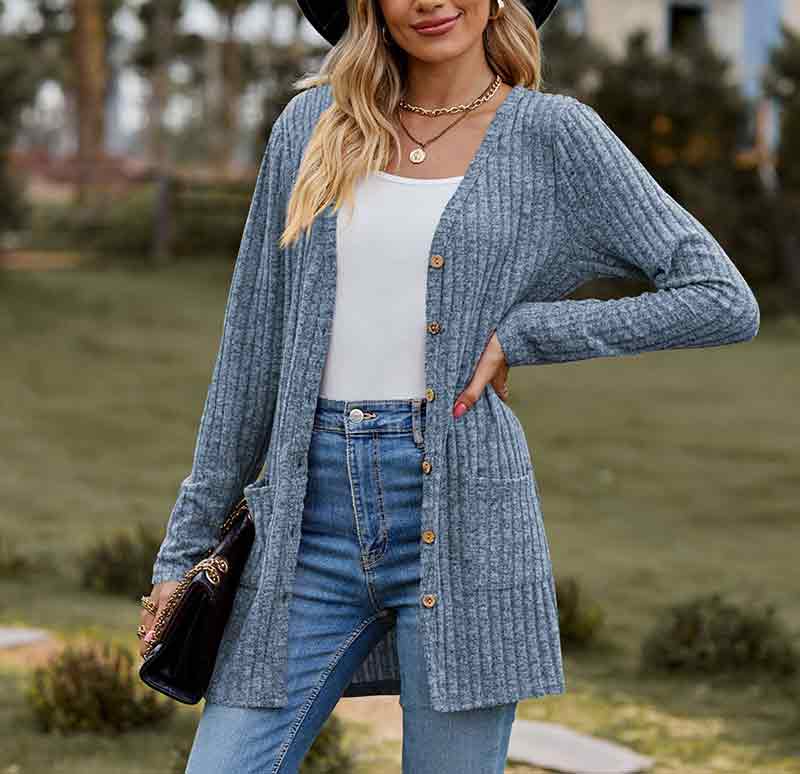 Solid Color Velvet Ribbed Buttons Autumn Winter Pockets Cardigan Top