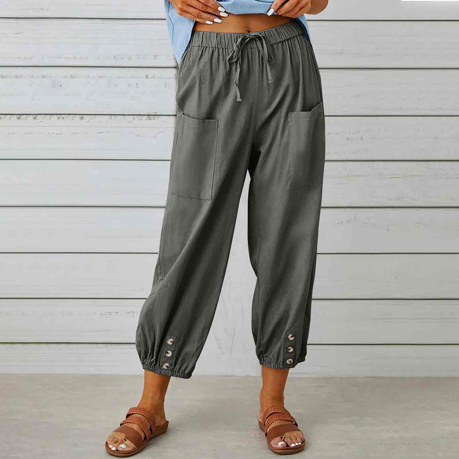 Solid Color Elastic Waist Drawstring Button Decorated Pockets Cropped Trousers