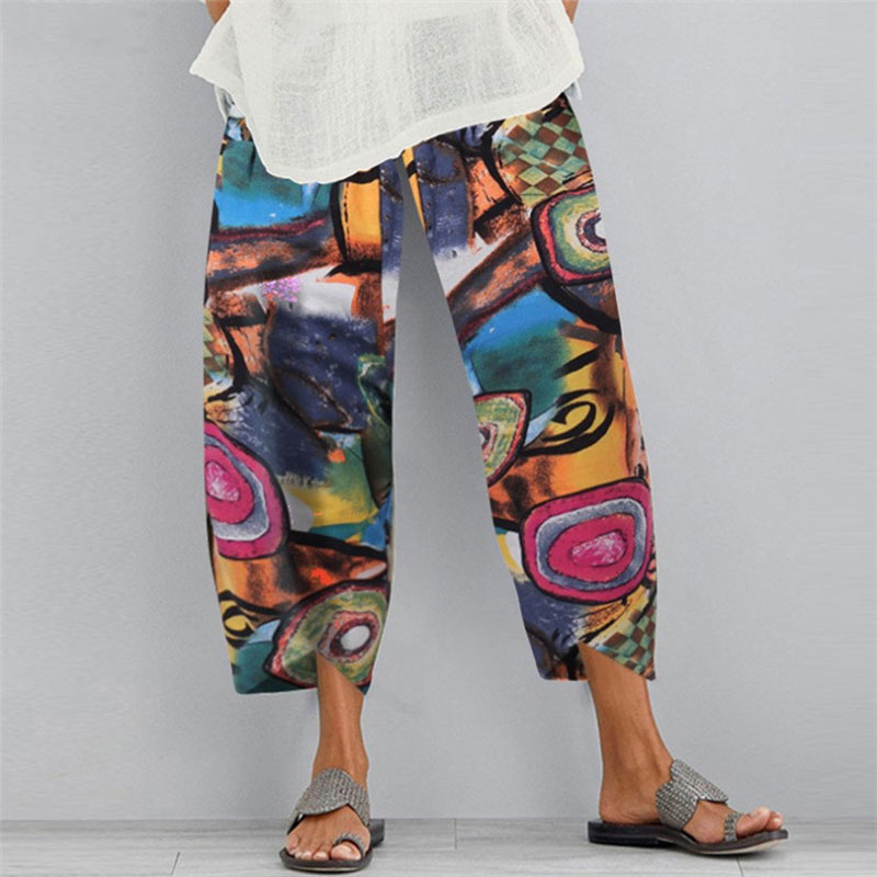 Fashion Multicolor Printed Loose Elastic Waist Pockets Pants