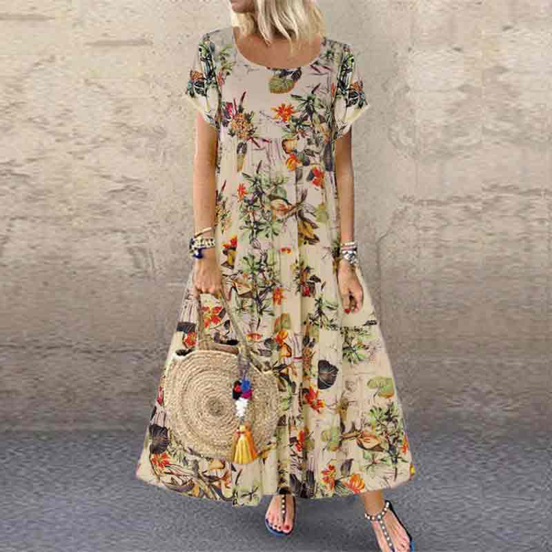 Vintage Floral Printed Short Sleeve A-line Maxi Dress