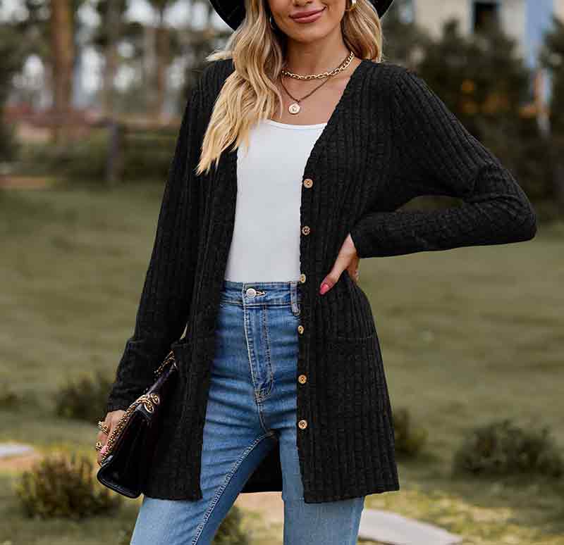 Solid Color Velvet Ribbed Buttons Autumn Winter Pockets Cardigan Top