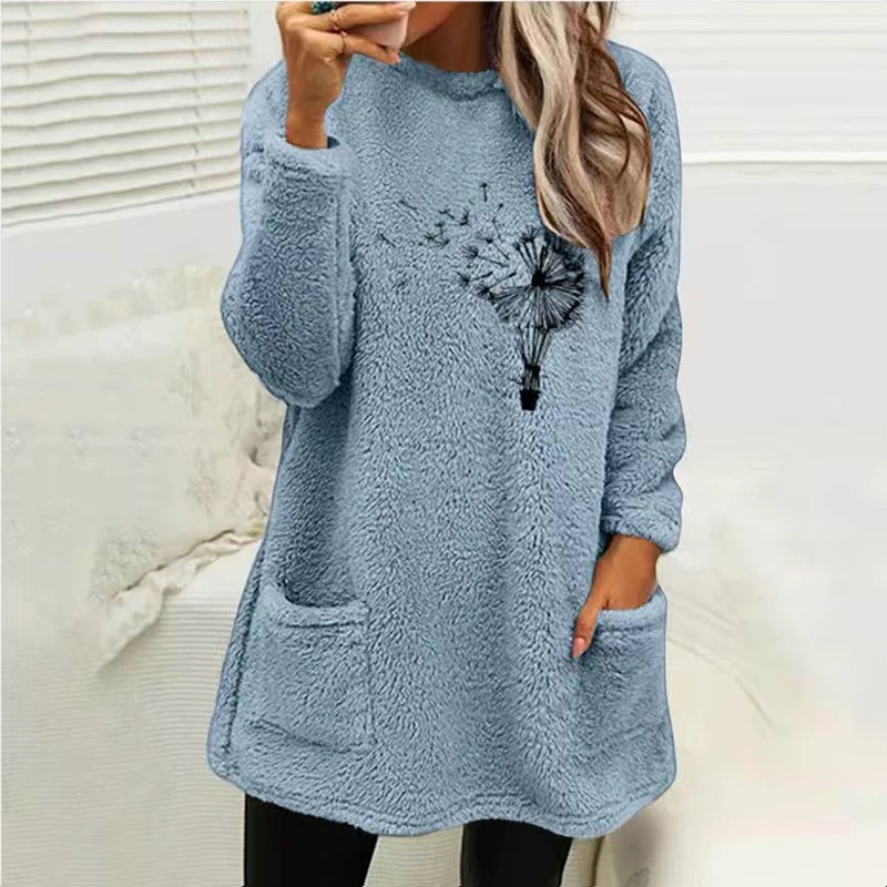 Fashion Dandelion  Printed Plush Warm Autumn Winter Pockets Long Sweatshirt
