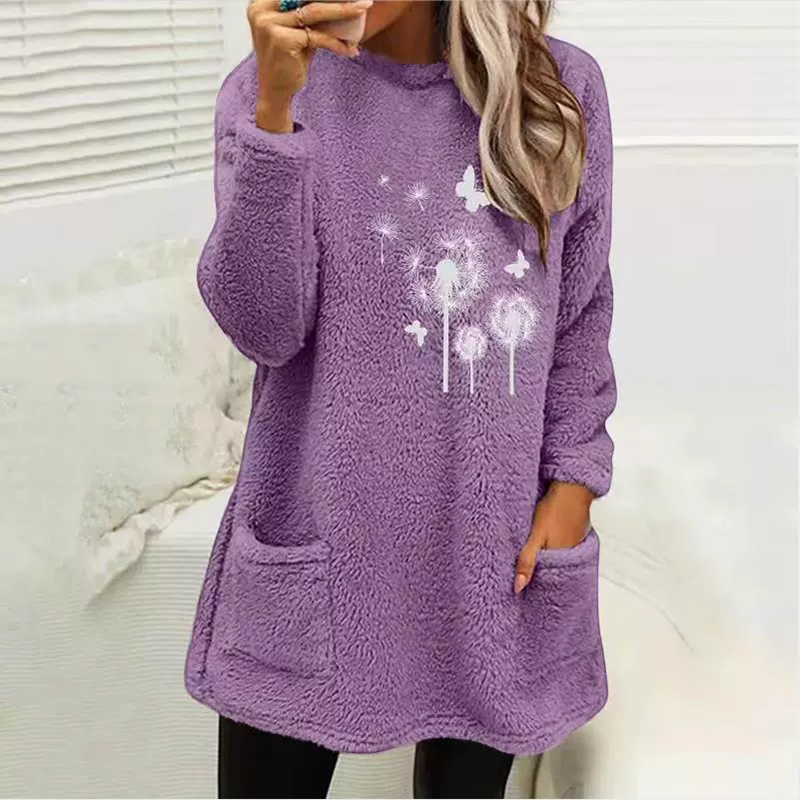 Dandelion Printed Plush Warm Autumn Winter Pockets Long Sweatshirt