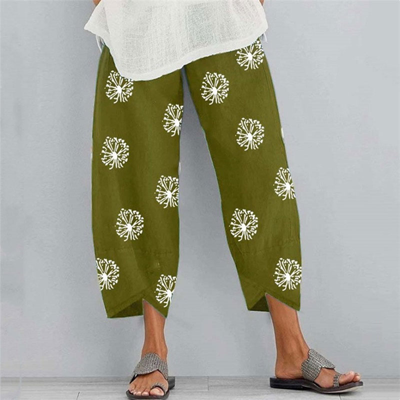 Fashion Dandelion Printed Loose Elastic Waist Pocket Pants