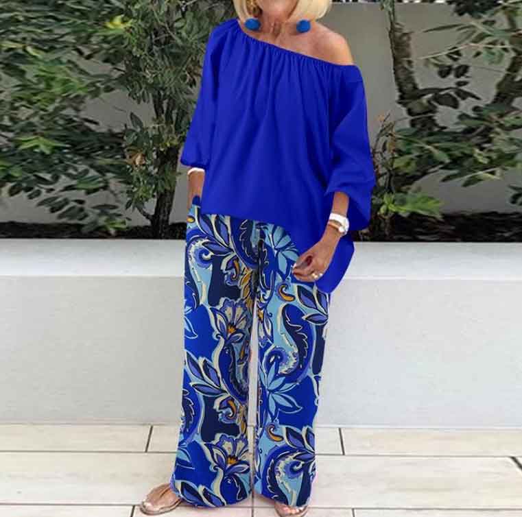 Off Shoulder Puff Sleeves Top and Printed Pants Two-piece Casual Suit