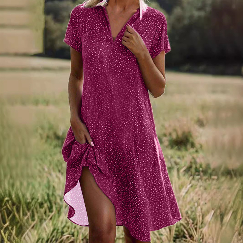 Fashion Polka Dot Printed Shirt Collar Loose V-neck A-line Dress