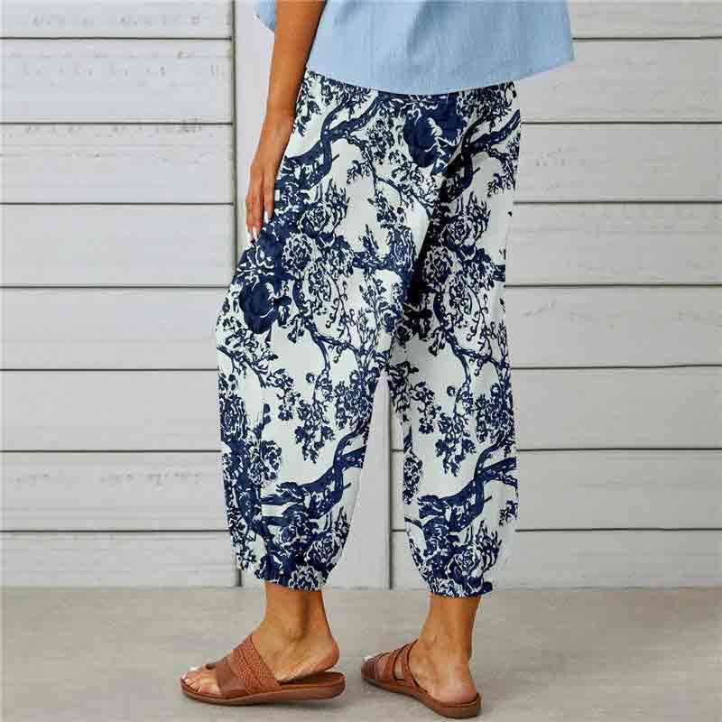 Retro Printed Elastic Waist Drawstring Button Decorated Cropped Trousers