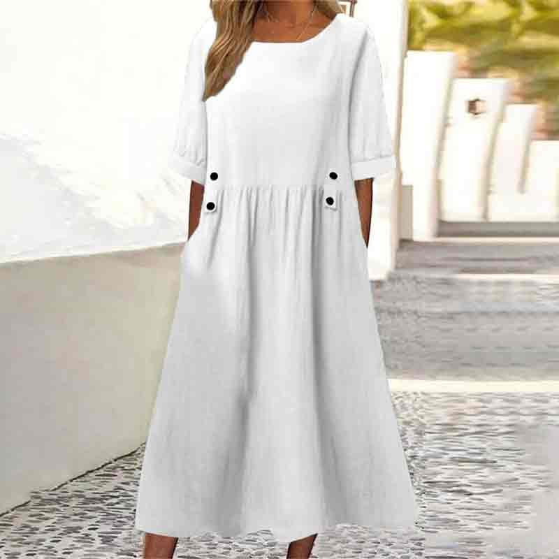 Solid Color Short Sleeve Round Neck Pockets Dress