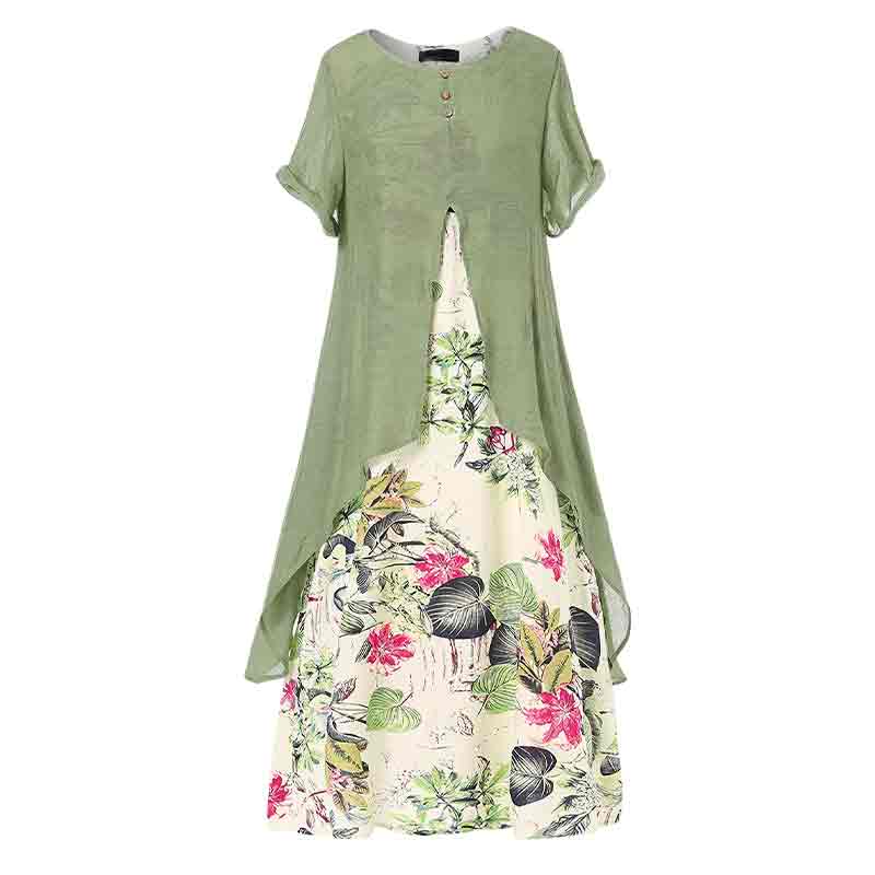 Flower Printed Button Round Neck Short Sleeve A-line Dress