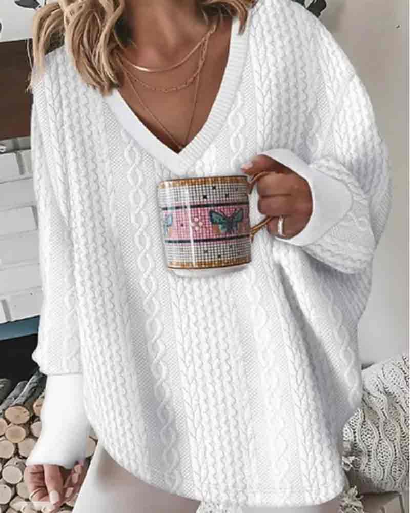 Solid Color Knitted V-neck Long Sleeve Sweater