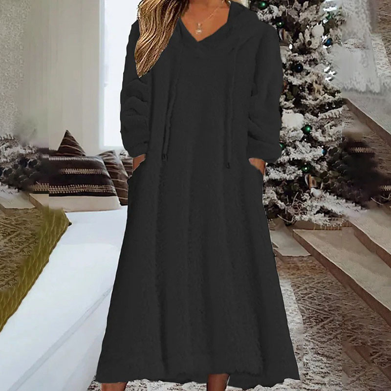 Warm plush hooded long sleeve pockets dress casual loose homewear