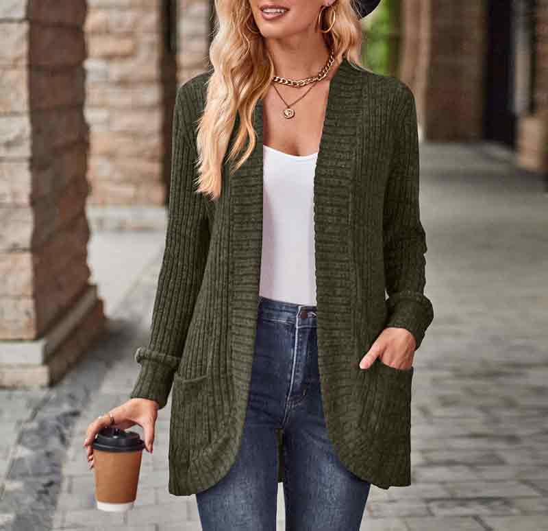 Solid Color Velvet Ribbed Button Free Autumn Winter Pockets Cardigan Top