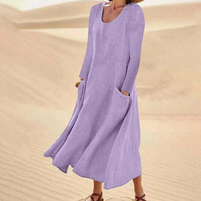 Elegant Long Sleeve Solid Color A-line Pockets Maxi Beach Dress