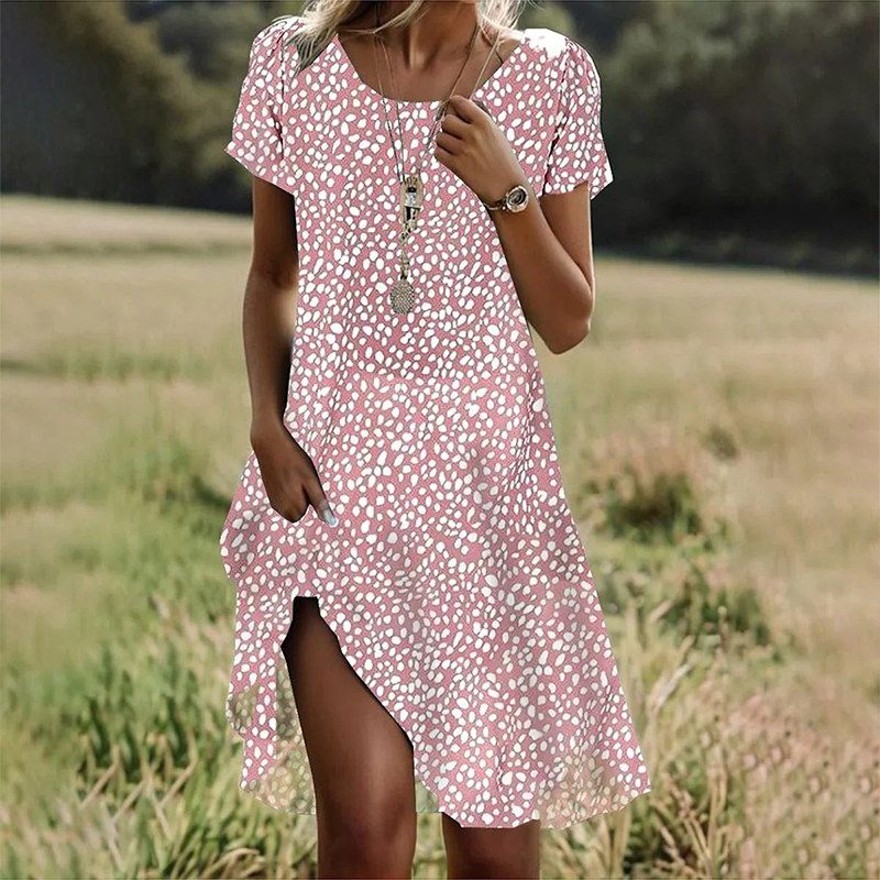 Literary Ethnic Style Polka Dot Printed Round Neck A-line Dress